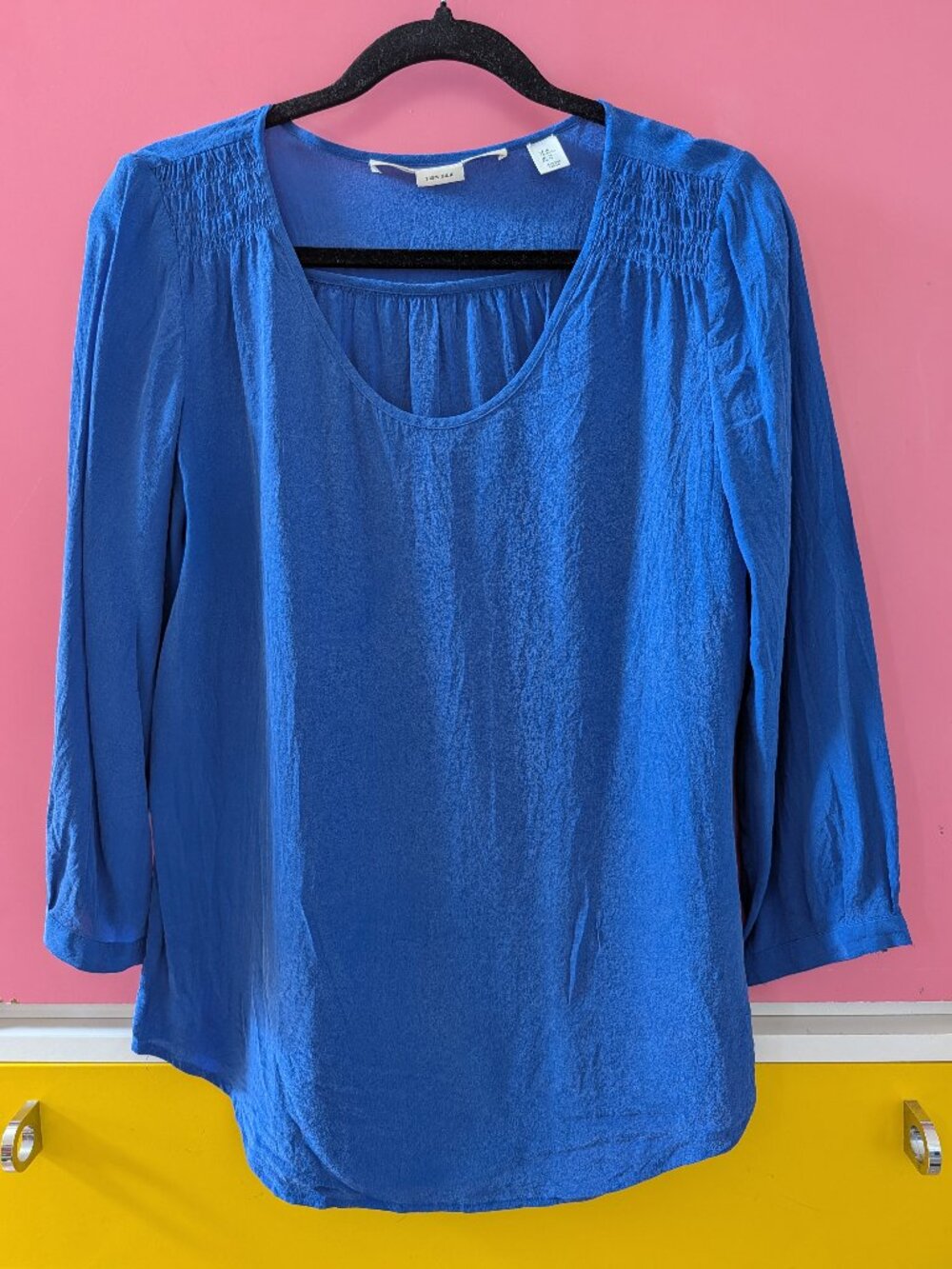 Max Studio 100% Silk Cobalt Blue Smocked Shoulder Scoop Neck Blouse Size M